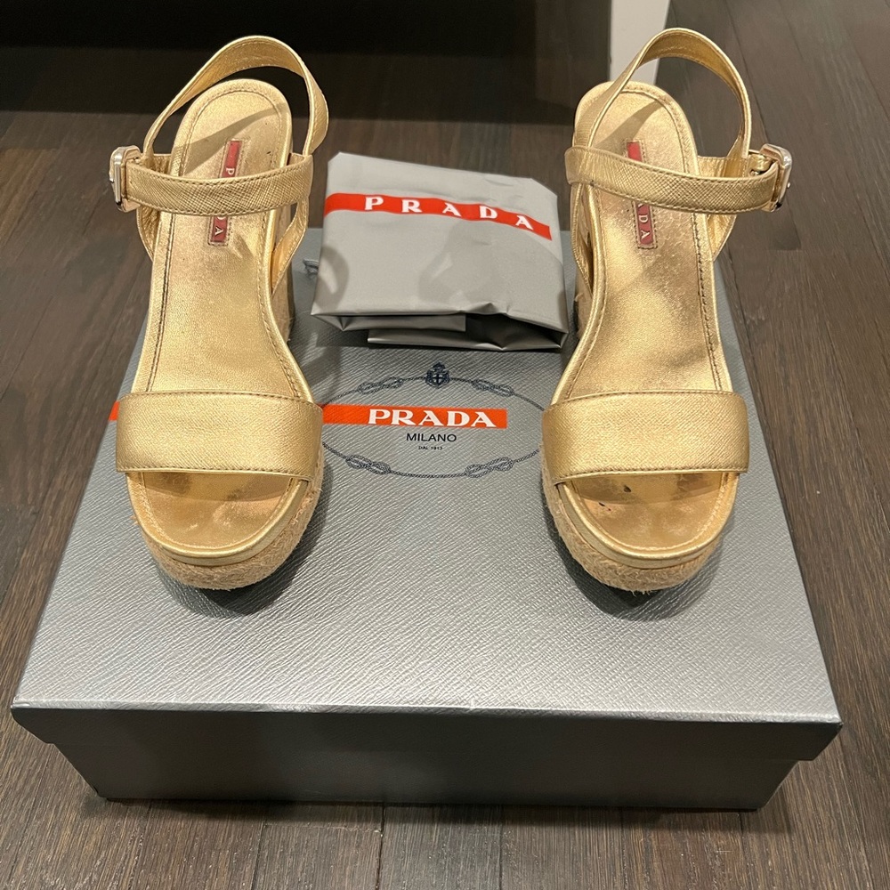 Prada Gold Ankle Strap Espadrille, size 36.5, Original box & shoe bag.